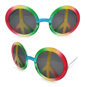 Detail view of round rainbow peace sign sunglasses showing front and side angles