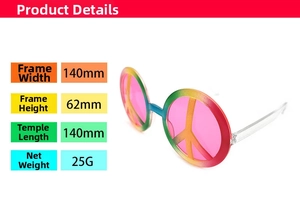 Rainbow frame round sunglasses with peace sign lenses and detailed size specifications