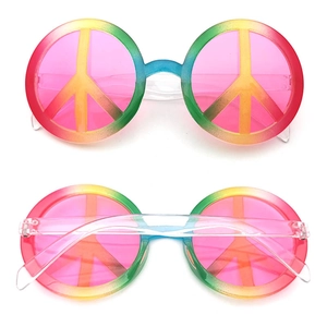 Macro detail of rainbow party glasses with peace symbol print and pink round lenses