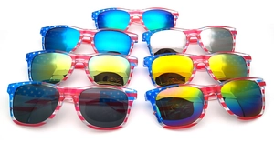 Detailed set of seven American flag sunglasses featuring various colored mirrored lenses