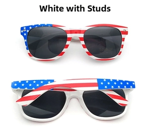 Detail of USA flag square sunglasses with white frames and silver rivets decor