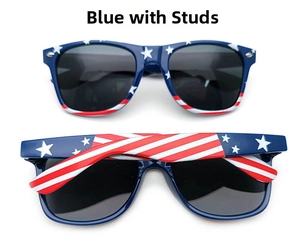Detail of blue American flag sunglasses with white stars and red stripes on the frame