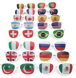 Detailed grid of white sunglasses featuring various national flag designs on perforated lenses