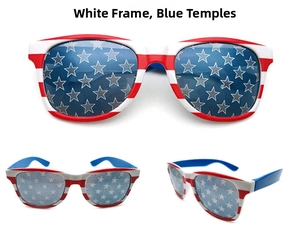 Detailed views of USA flag party sunglasses with white frame and blue temples