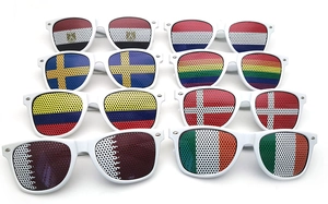 Close-up of white sunglasses featuring multiple national flag perforated mesh lenses