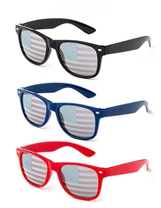 Three pairs of American flag pattern sunglasses in black, blue, and red frames with rivets