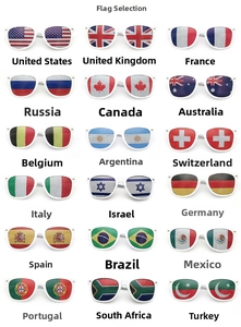 Detail view of white sunglasses featuring various national flag patterns on pinhole lenses