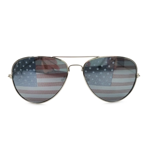 Silver metal aviator sunglasses with American flag printed lenses on a white background