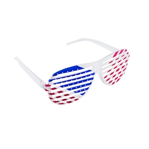 White shutter shades featuring US flag design for Independence Day party celebration