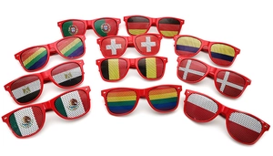 Detail of red party sunglasses collection featuring multiple national flag mesh lenses