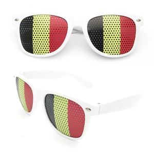 Belgium flag themed party sunglasses with white frames and perforated tri-color lenses