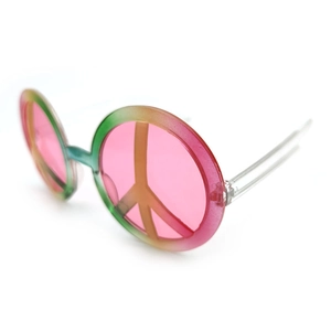 Unisex peace sign party sunglasses with gradient green to red round frames and pink lenses