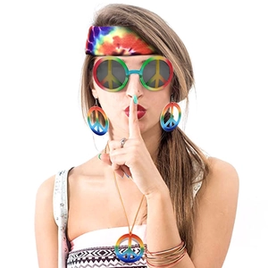 Unisex hippie accessories set with tie-dye headband and rainbow peace sign sunglasses