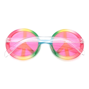 Retro hippie peace sign sunglasses with rainbow gradient round frames and pink tinted lenses