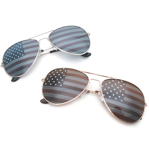 Aviator sunglasses with US flag star pattern on lenses and metal frames in gold and silver