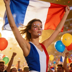 Détail de tatouages visage foot France avec texte champion et drapeau sur modèle femme