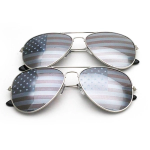 Classic silver metal aviator sunglasses with American flag pattern lenses for party