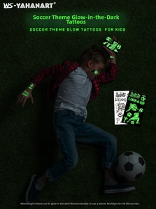 Leuchtende Fußball-Tattoo-Sticker mit glühenden Tor- und Spielermotiven auf Kinderhaut