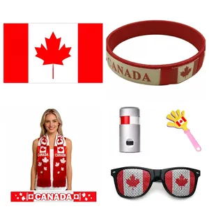 Canada World Cup fans set with flag, scarf, sunglasses and cheering props on white background