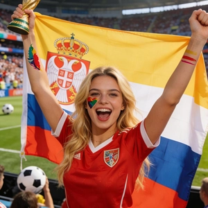Supporter en maillot de Serbie tenant le trophée et drapeau au stade de football