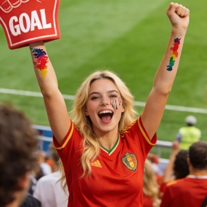 Détail des tatouages colorés de supporters sur les bras et le visage dans un stade