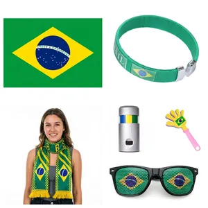 Complete Brazil fan cheering set with flag, scarf, bracelet and green glasses for football fans