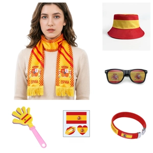 6-piece Spain football fan set with bucket hat, scarf, glasses, and cheering accessories