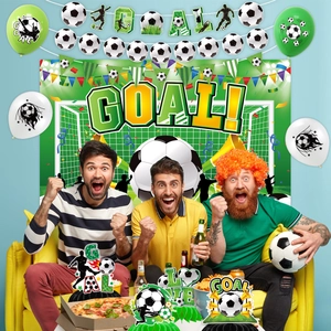 Soccer party decoration set with background banner balloons and festive table displays