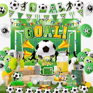 Detail of soccer party set with Goal backdrop, football balloons and themed table decor