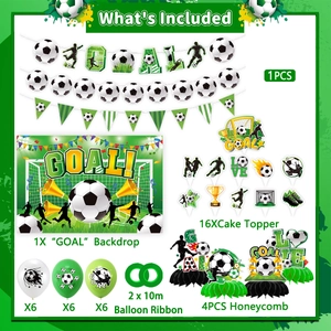 Detailed grid view of football party set including banners, toppers and green balloons