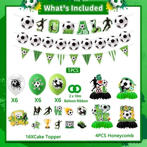Comprehensive soccer party kit featuring banners, balloons, and decorative cake toppers