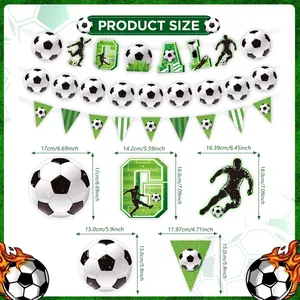 Size chart for 2026 soccer party banners and decorations showing specific measurements
