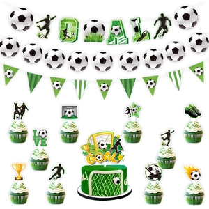 2026 World Cup soccer party decoration set with banners, cake toppers and goal motifs