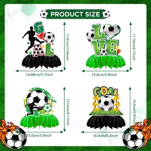 Detailed size chart for soccer party honeycomb centerpieces with dimensions and goal motifs