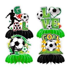 Soccer-themed honeycomb centerpiece set featuring football, trophy, and GOAL text designs