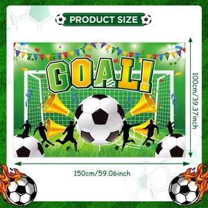 Polyester soccer party backdrop with goal graphics, flags, and 150x100cm size specs
