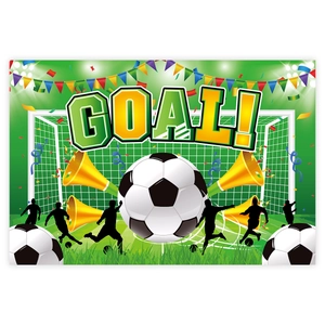 Detail of soccer party backdrop with GOAL text, football player silhouettes and stadium lights