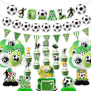 Complete football party decor set with goal banners, cake toppers and green balloons