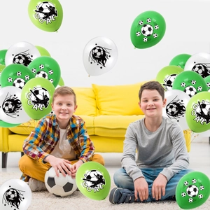 Soccer party balloon kit with green and white GOAL prints for kids birthday decoration