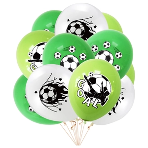 Soccer party balloon set with white and green latex balloons featuring GOAL prints