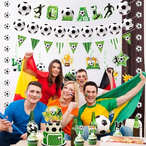 Soccer party decoration kit with GOAL banner, football swirls, and cake toppers