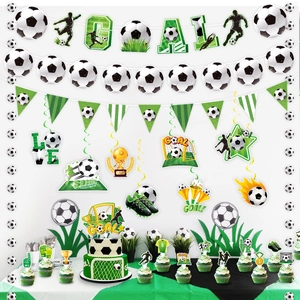 Detailed soccer birthday party set featuring paper banners, cake toppers and hanging swirls