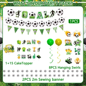 Soccer party decoration kit with GOAL banners, cake toppers, and themed hanging swirls