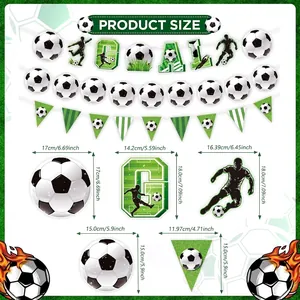 Detailed size chart for soccer party banners including balls, goal letters and player shapes