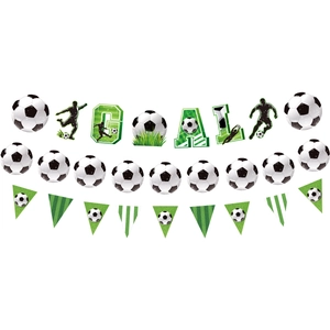Detail view of soccer party decorations including GOAL banners and football pennants