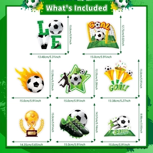 Detailed view of 8 soccer party stickers including goal, trophy, and soccer shoes dimensions