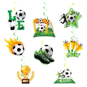 Detail of football party spiral hanging decorations featuring soccer goals and trophies