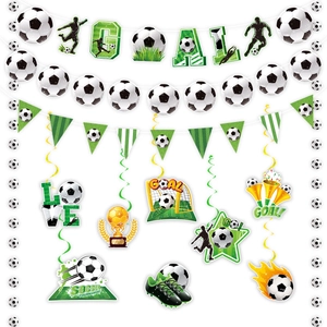 Complete soccer theme party decoration set with goal banners and football accessories