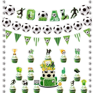 Soccer party decoration kit with GOAL banner, cake toppers, and football themed pennants