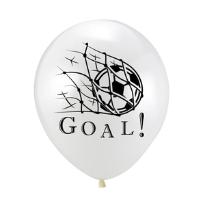 White football soccer party balloon with black Goal print and goal net action design